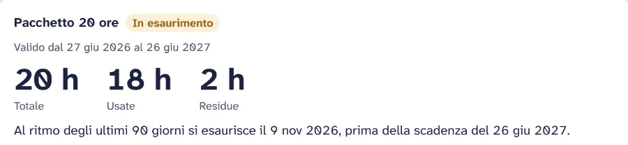 Monte ore in esaurimento: 20 ore totali, 18 usate, 2 residue, con la data in cui finirà al ritmo attuale.