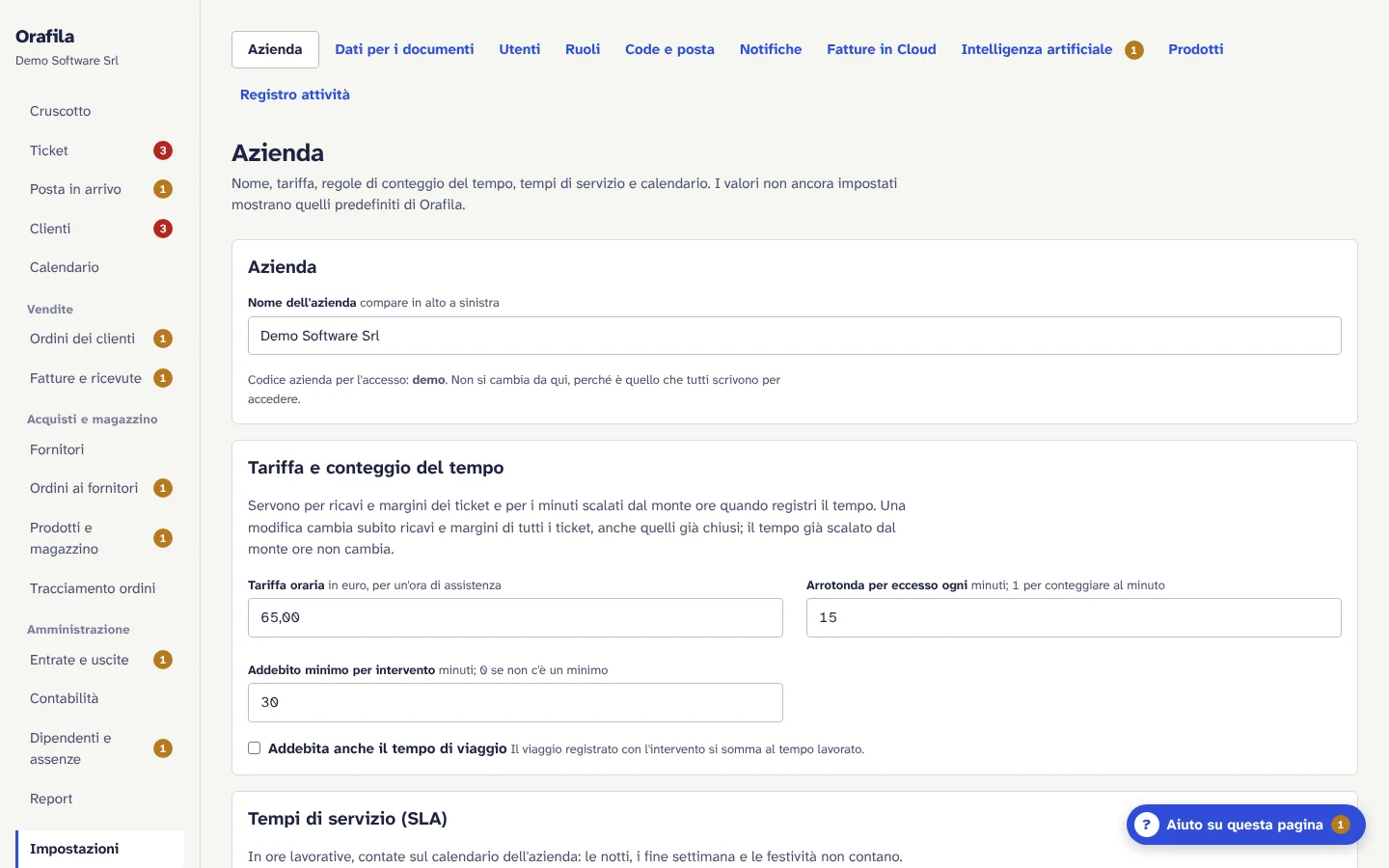 Impostazioni dell'azienda